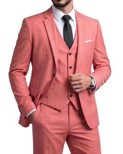 Men's Slim Fit 3 Pieces Suit, One Button Solid Jacket Pants Set with Tie for Wedding Party Business Prom, Pink