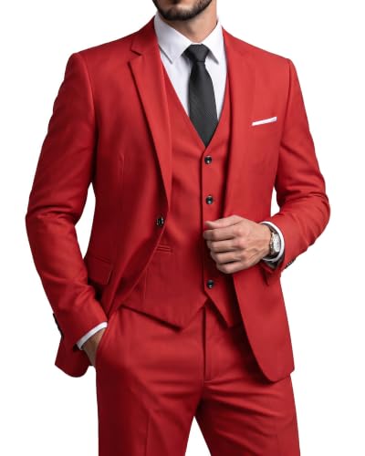 Men's Slim Fit 3 Pieces Suit, One Button Solid Jacket Pants Set with Tie for Wedding Party Business Prom, Red