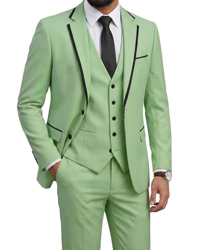 Men's Slim Fit 3 Pieces Suit, One Button Solid Jacket Pants Set with Tie for Wedding Party Business Prom, Sage Green