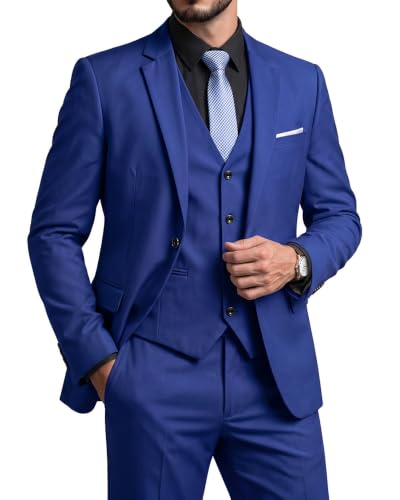 Men's Slim Fit 3 Pieces Suit, One Button Solid Jacket Pants Set with Tie for Wedding Party Business Prom, Sapphire