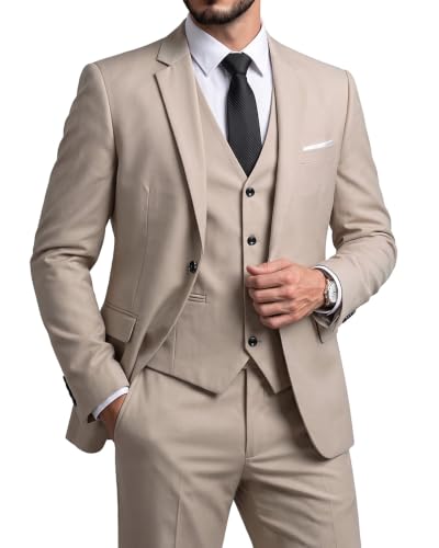 Men's Slim Fit 3 Pieces Suit, One Button Solid Jacket Pants Set with Tie for Wedding Party Business Prom, Beige