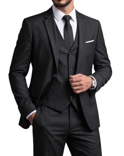 Men's Slim Fit 3 Pieces Suit, One Button Solid Jacket Pants Set with Tie for Wedding Party Business Prom, Black