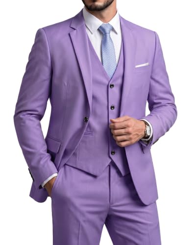 Men's Slim Fit 3 Pieces Suit, One Button Solid Jacket Pants Set with Tie for Wedding Party Business Prom, Purple