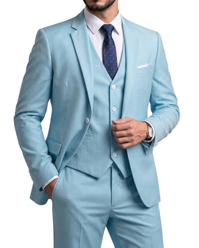 Men's Slim Fit 3 Pieces Suit, One Button Solid Jacket Pants Set with Tie for Wedding Party Business Prom, Sky Blue