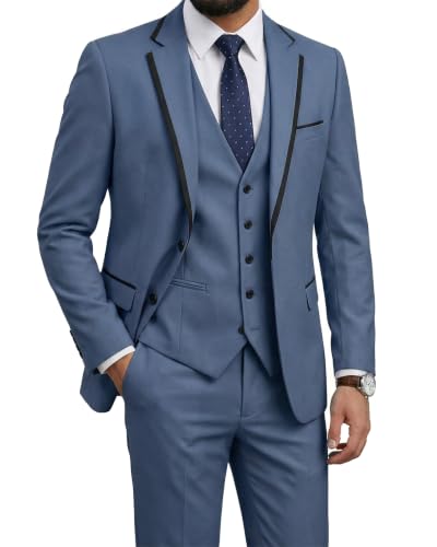 Men's Slim Fit 3 Pieces Suit, One Button Solid Jacket Pants Set with Tie for Wedding Party Business Prom, Smoky Blue