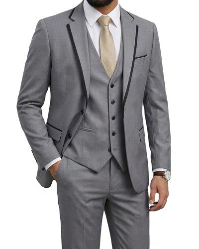 Men's Slim Fit 3 Pieces Suit, One Button Solid Jacket Pants Set with Tie for Wedding Party Business Prom, Light Grey (531)