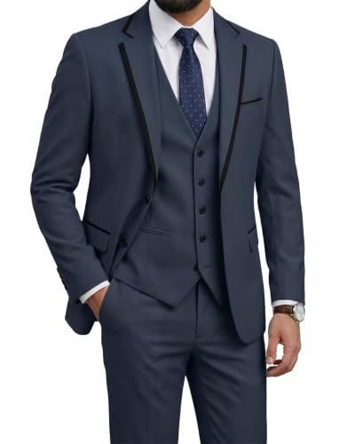 Men's Slim Fit 3 Pieces Suit, One Button Solid Jacket Pants Set with Tie for Wedding Party Business Prom, Carbon Blue