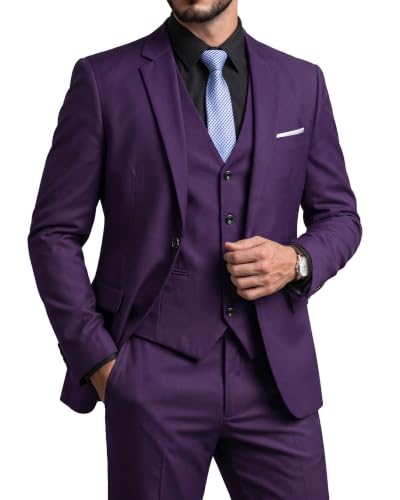 Men's Slim Fit 3 Pieces Suit, One Button Solid Jacket Pants Set with Tie for Wedding Party Business Prom, Dark Purple