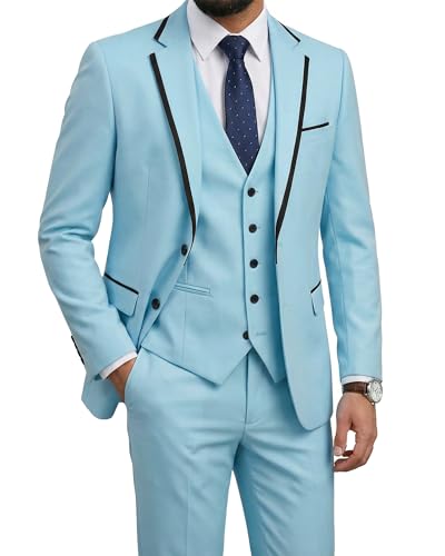 Men's Slim Fit 3 Pieces Suit, One Button Solid Jacket Pants Set with Tie for Wedding Party Business Prom, Sky Blue (531)