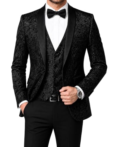 Men's Slim Fit Jacquard Tuxedo 3 Piece Suit, Shawl Lapel Floral Blazer Jacket Vest Pants Set for Wedding Prom Party, Black