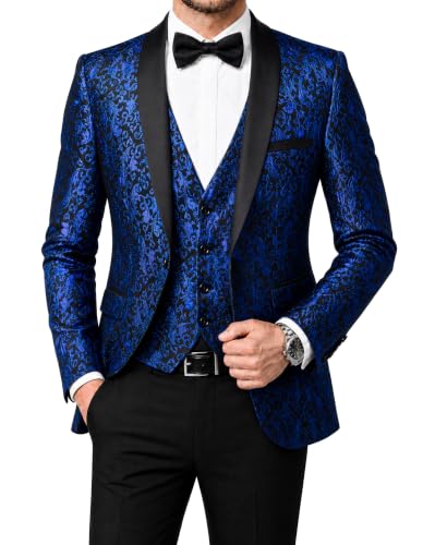 Men's Slim Fit Jacquard Tuxedo 3 Piece Suit, Shawl Lapel Floral Blazer Jacket Vest Pants Set for Wedding Prom Party, Blue