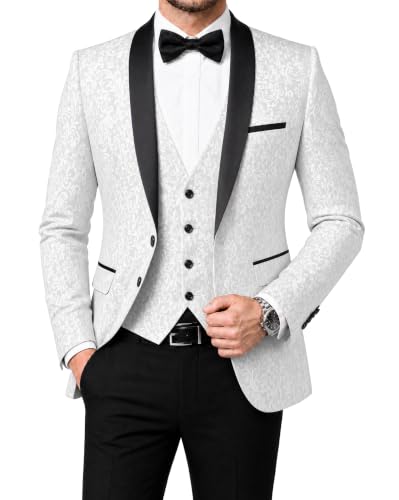 Men's Slim Fit Jacquard Tuxedo 3 Piece Suit, Shawl Lapel Floral Blazer Jacket Vest Pants Set for Wedding Prom Party, White