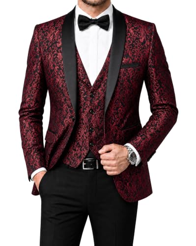 Men's Slim Fit Jacquard Tuxedo 3 Piece Suit, Shawl Lapel Floral Blazer Jacket Vest Pants Set for Wedding Prom Party, Burgundy