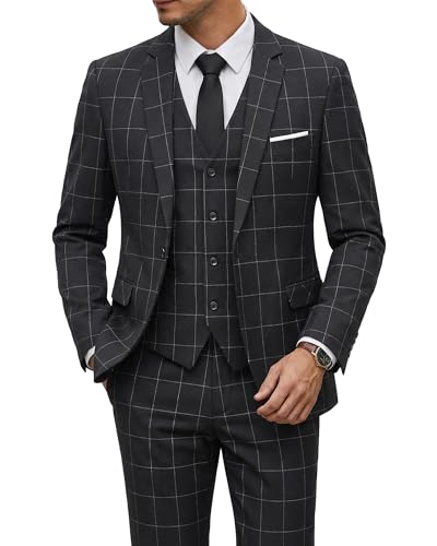 Men's Slim Fit One Button 3 Piece Suit Set, Blazer Jacket Vest Pants and Tie, Solid Wedding Dress Tux and Trousers, Black - White Plaid