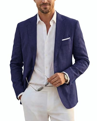 Men's Slim Fit Two Buttons Linen Business Blazer, Sport Coat Lightweight Business Daily Coat, Deep Blue
