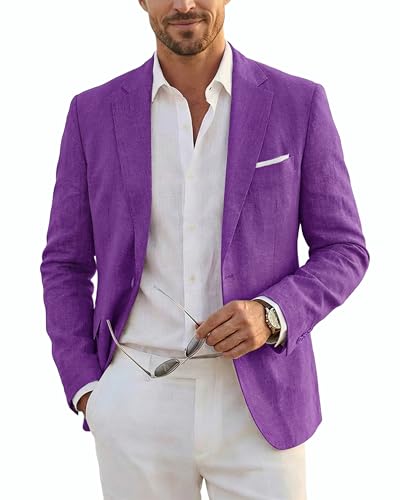 Men's Slim Fit Two Buttons Linen Business Blazer, Sport Coat Lightweight Business Daily Coat, Deep Purple