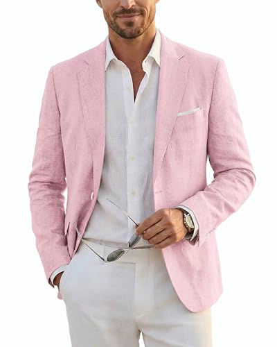 Men's Slim Fit Two Buttons Linen Business Blazer, Sport Coat Lightweight Business Daily Coat, Light Pink