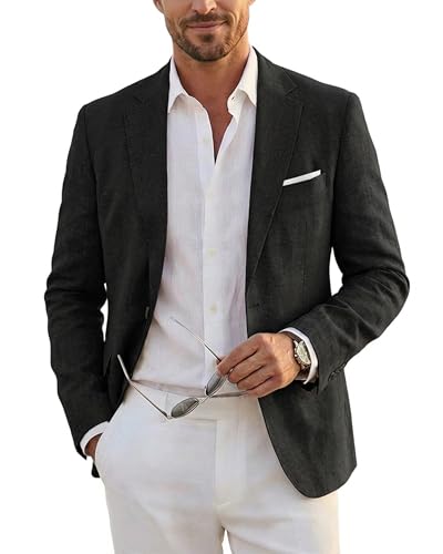 Men's Slim Fit Two Buttons Linen Business Blazer, Sport Coat Lightweight Business Daily Coat, Black