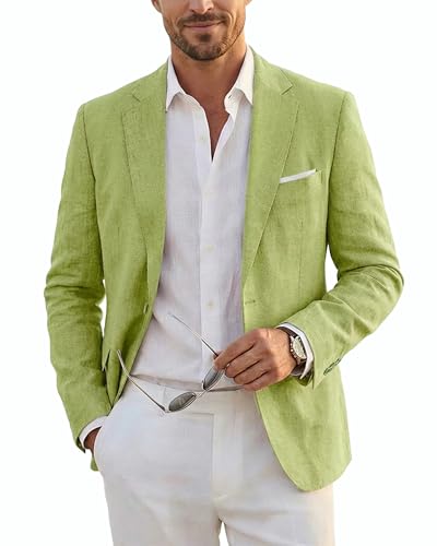 Men's Slim Fit Two Buttons Linen Business Blazer, Sport Coat Lightweight Business Daily Coat, Green