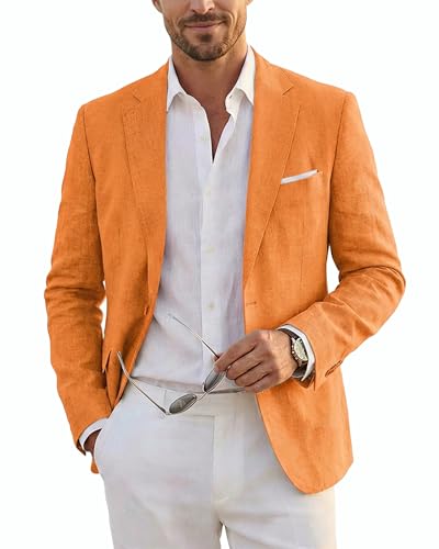 Men's Slim Fit Two Buttons Linen Business Blazer, Sport Coat Lightweight Business Daily Coat, Orange