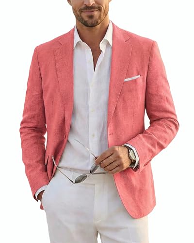 Men's Slim Fit Two Buttons Linen Business Blazer, Sport Coat Lightweight Business Daily Coat, Pink