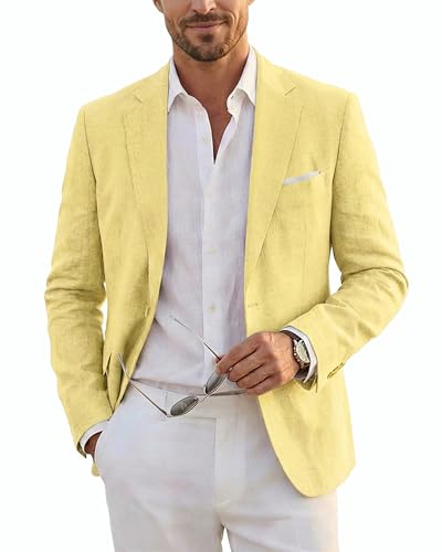 Men's Slim Fit Two Buttons Linen Business Blazer, Sport Coat Lightweight Business Daily Coat, Yellow