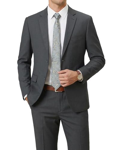 Men's Wool Suit Set, 2 Piece Slim Fit, Two Button Solid Jacket Pants with Paisley Tie for Business Party Wedding Business, Dark Grey (wool)