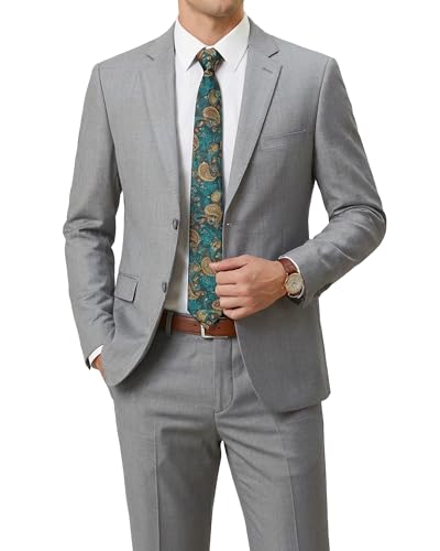 Men's Wool Suit Set, 2 Piece Slim Fit, Two Button Solid Jacket Pants with Paisley Tie for Business Party Wedding Business, Light Grey (wool)