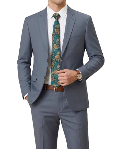 Men's Wool Suit Set, 2 Piece Slim Fit, Two Button Solid Jacket Pants with Paisley Tie for Business Party Wedding Business, Smoky Blue (wool)