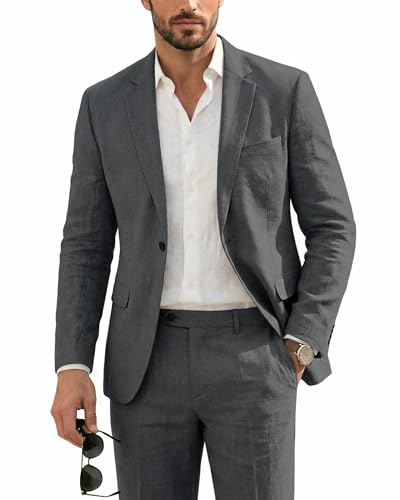 Men's Wool Suit Set, 2 Piece Slim Fit, Two Button Solid Jacket Pants with Paisley Tie for Business Party Wedding Business, Deep Grey