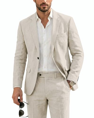 Men's Wool Suit Set, 2 Piece Slim Fit, Two Button Solid Jacket Pants with Paisley Tie for Business Party Wedding Business, Beige