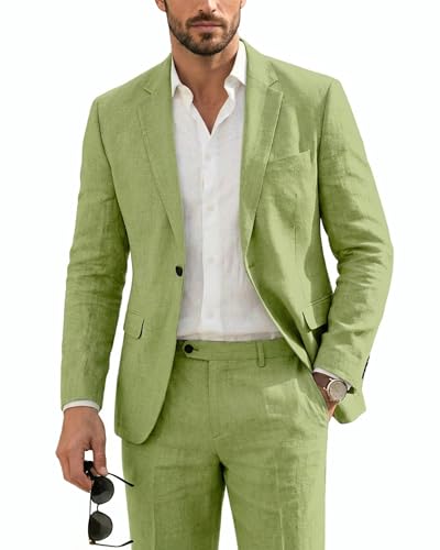 Men's Wool Suit Set, 2 Piece Slim Fit, Two Button Solid Jacket Pants with Paisley Tie for Business Party Wedding Business, Green