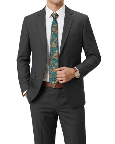 Men's Wool Suit Set, 2 Piece Slim Fit, Two Button Solid Jacket Pants with Paisley Tie for Business Party Wedding Business, Black (wool)