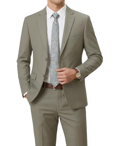 Men's Wool Suit Set, 2 Piece Slim Fit, Two Button Solid Jacket Pants with Paisley Tie for Business Party Wedding Business, Khaki (wool)