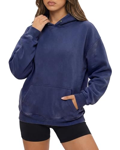 Womens Oversized Acid Wash Hoodie, Heavyweight Vintage Pullover for Winter Fall, Fleece Cotton Sweatshirt for Couples, Trendy Unisex Streetwear, Dark Blue