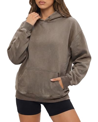 Womens Oversized Acid Wash Hoodie, Heavyweight Vintage Pullover for Winter Fall, Fleece Cotton Sweatshirt for Couples, Trendy Unisex Streetwear, Dark Brown