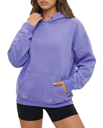 Womens Oversized Acid Wash Hoodie, Heavyweight Vintage Pullover for Winter Fall, Fleece Cotton Sweatshirt for Couples, Trendy Unisex Streetwear, Light Purple