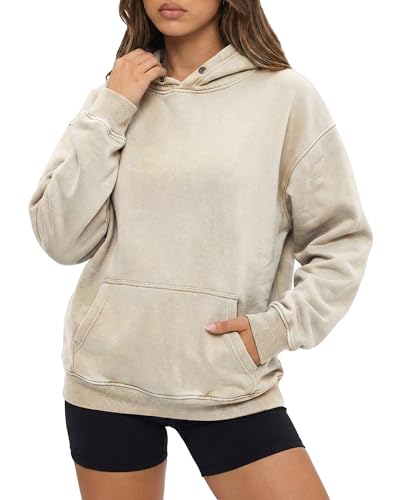 Womens Oversized Acid Wash Hoodie, Heavyweight Vintage Pullover for Winter Fall, Fleece Cotton Sweatshirt for Couples, Trendy Unisex Streetwear, Beige