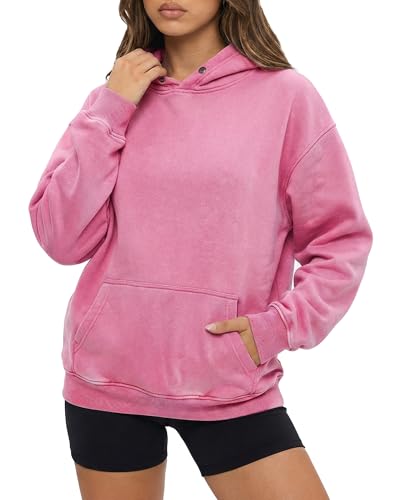 Womens Oversized Acid Wash Hoodie, Heavyweight Vintage Pullover for Winter Fall, Fleece Cotton Sweatshirt for Couples, Trendy Unisex Streetwear, Pink