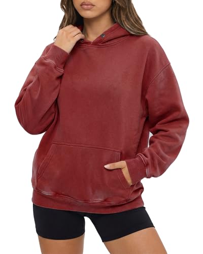 Womens Oversized Acid Wash Hoodie, Heavyweight Vintage Pullover for Winter Fall, Fleece Cotton Sweatshirt for Couples, Trendy Unisex Streetwear, Red
