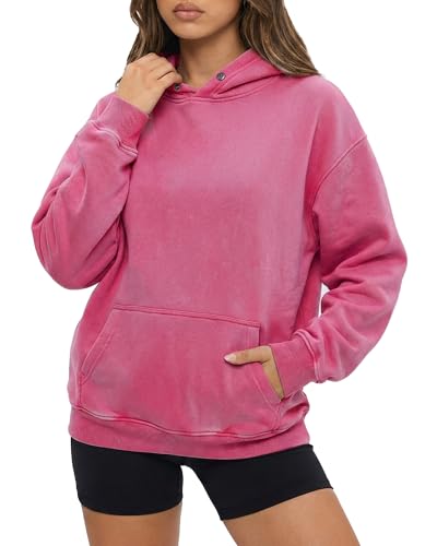 Womens Oversized Acid Wash Hoodie, Heavyweight Vintage Pullover for Winter Fall, Fleece Cotton Sweatshirt for Couples, Trendy Unisex Streetwear, Fuchsia
