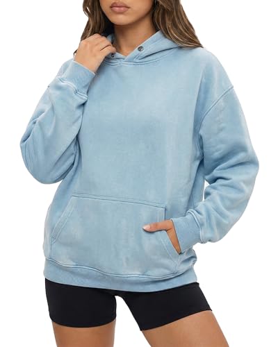 Womens Oversized Acid Wash Hoodie, Heavyweight Vintage Pullover for Winter Fall, Fleece Cotton Sweatshirt for Couples, Trendy Unisex Streetwear, Sky Blue